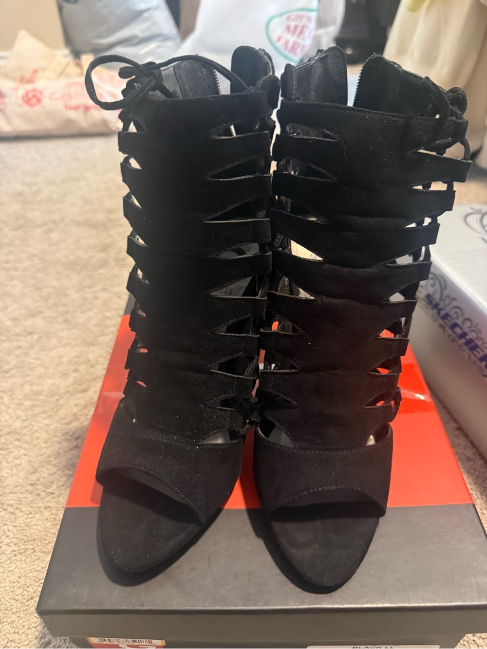 G by Guess Black Cutout Lace-Up Peep Toe Heels - Picture 2 of 3